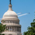 US Navy Blue angels and US Air Force Thunderbirds flypast the US Capitol Building, May 2nd, 2020.