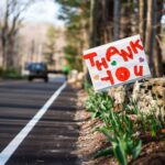 'Thank you' sign on the side of the road thanking essential workers during the Coronavirus pandemic of 2019/2020.