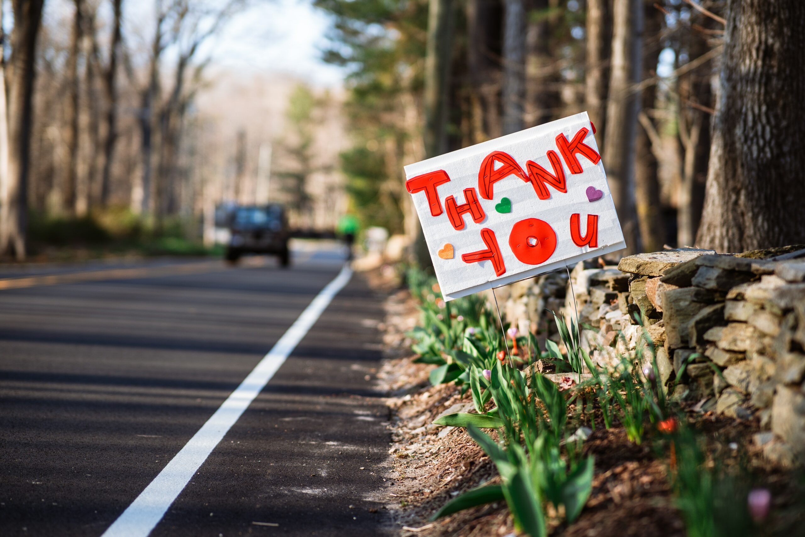 'Thank you' sign on the side of the road thanking essential workers during the Coronavirus pandemic of 2019/2020.
