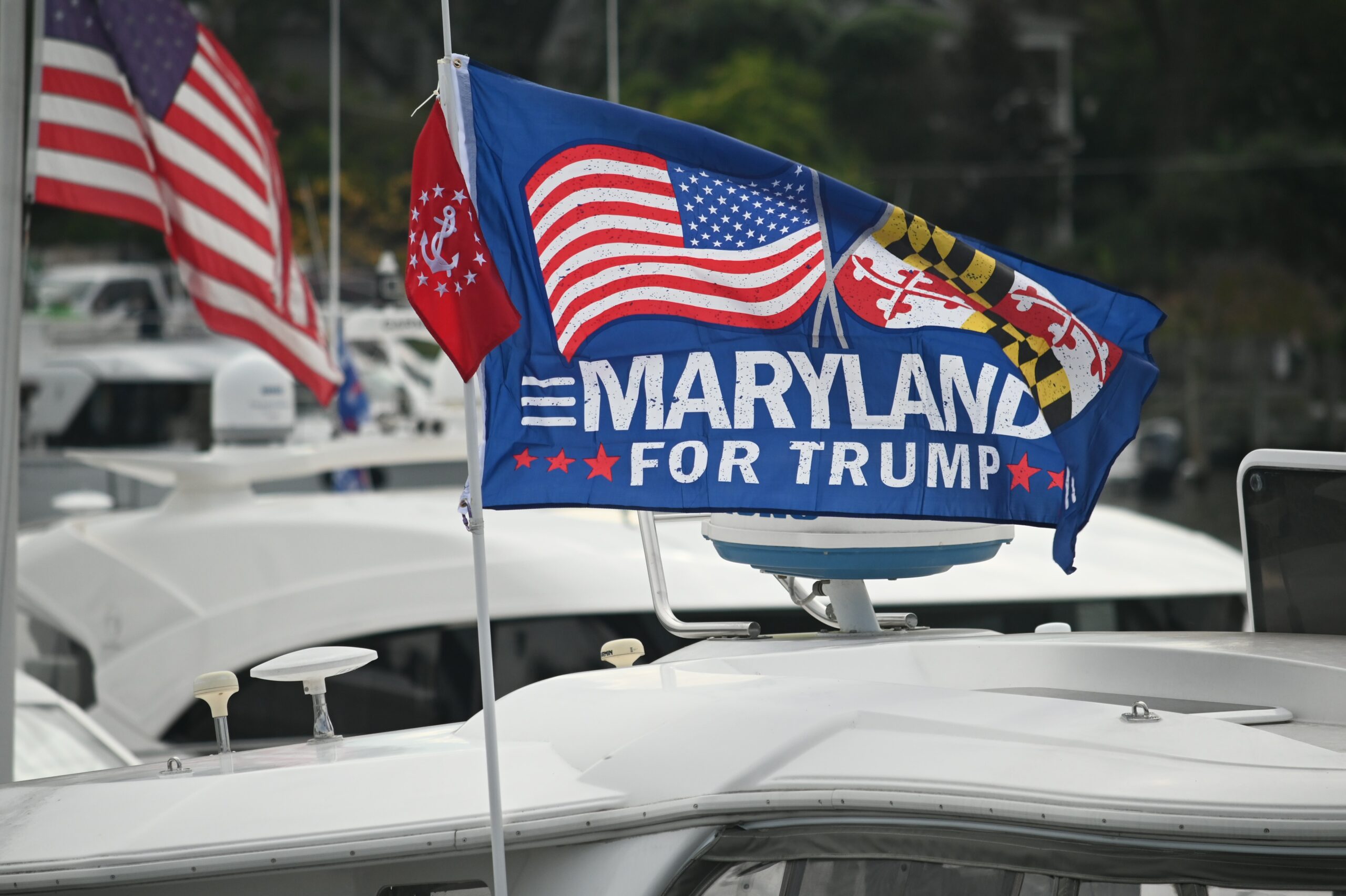 A Trump for Maryland flag on a yacht in St. Michaels, Maryland.  Photo of 10/24/2020.
