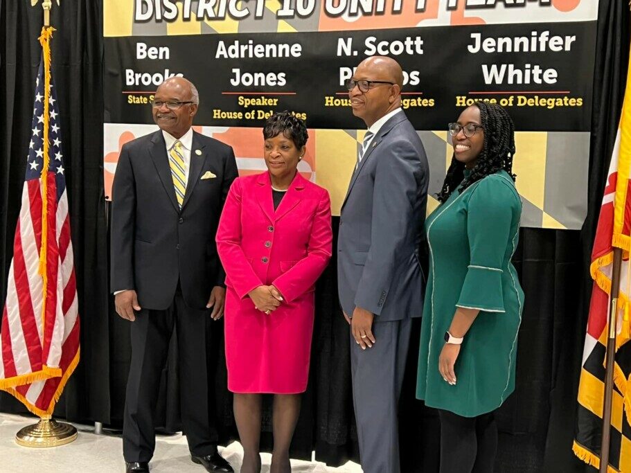 House Speaker Adrienne Jones (second from left) with her teammates in Baltimore County’s District 10, all of whom are taking new positions in the General Assembly. Left to right: Sen.-elect Benjamin Brooks, who spent eight years in the House, and Dels.-elect N. Scott Phillips Phillips and Jennifer White. District 10 Unity Team Facebook photo.