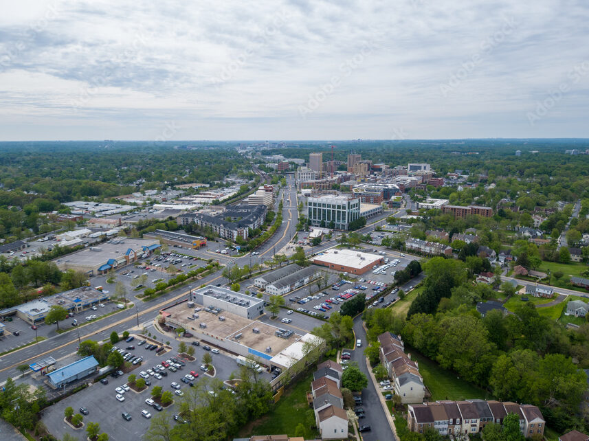 Aerial view of downtown Rockville, Montgomery County, Maryland. Taken from the edge of the FAA-imposed flight restricted zone (FRZ) that surrounds Washington, DC.