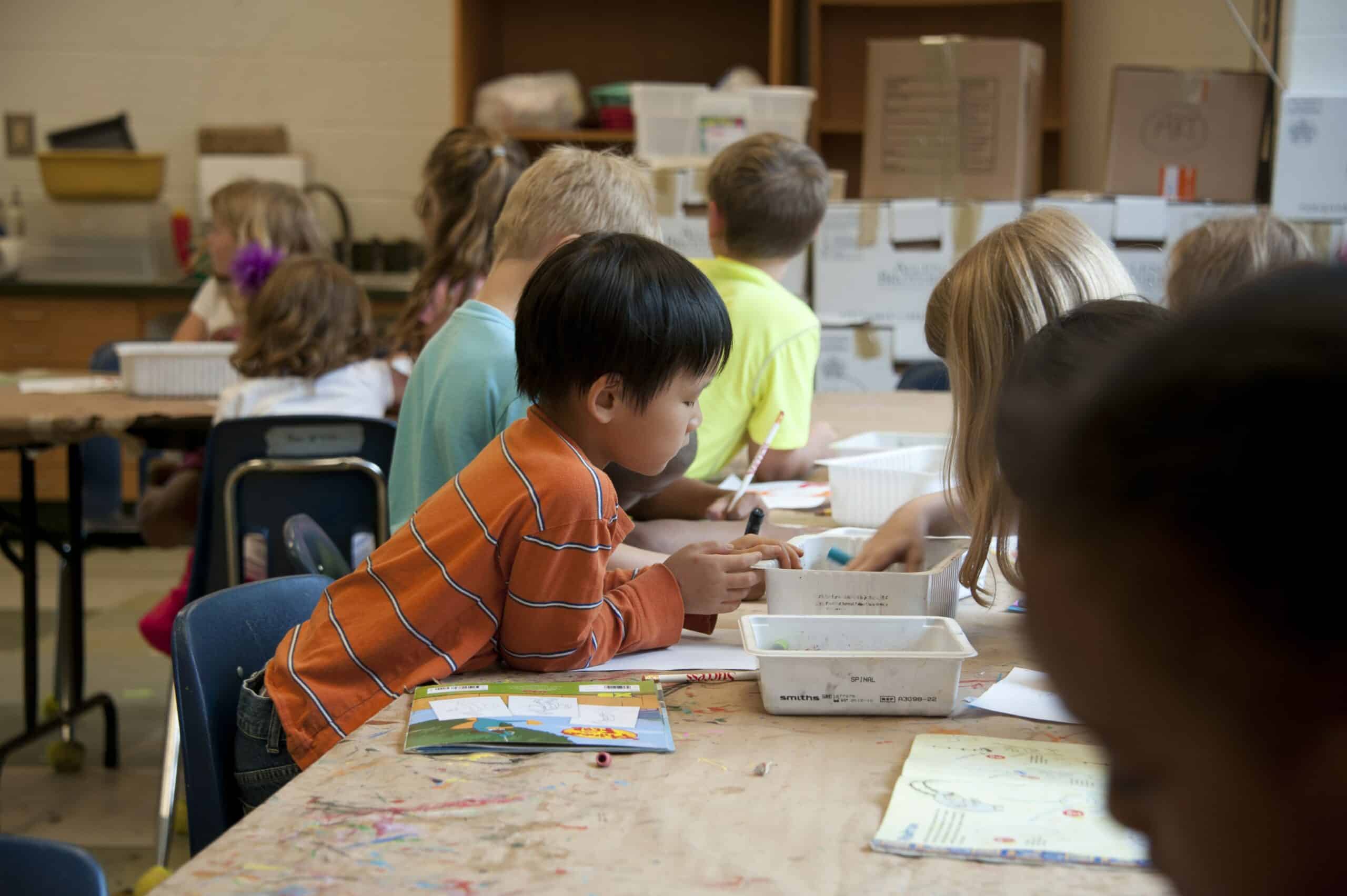 Captured in a metropolitan Atlanta, Georgia primary school, seated amongst his classmates, this photograph depicts a young Asian-American school boy, who was in the process of creating a drawing, and was choosing from a box of crayons, the colors he’d use in order to bring his ideas to life. It is important to know that these objects are known as fomites, and can act as transmitters of illnesses.