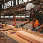 man in orange and black vest wearing white helmet holding yellow and black power tool