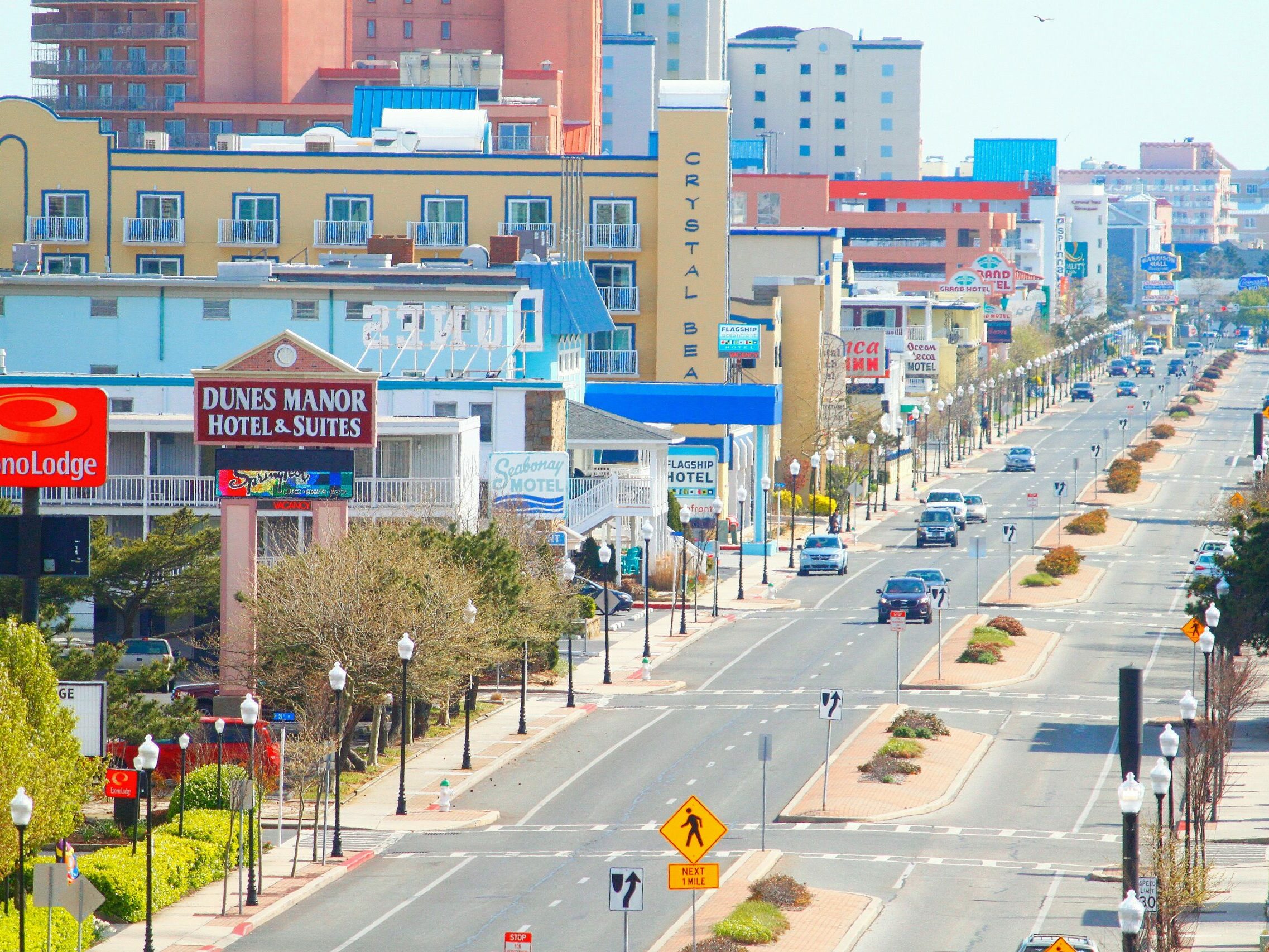 A mid-Spring look down Baltimore Avenue in Ocean City, MD. Photograph taken from La Quinta Inn & Suites in Ocean City, Maryland. The Baltimore row of hotels and condos is a classic site in OCMD.