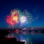 A fireworks display in the harbor of Lubec Maine.  The dusk sky, water and boats provided a beautiful setting for the colorful show.