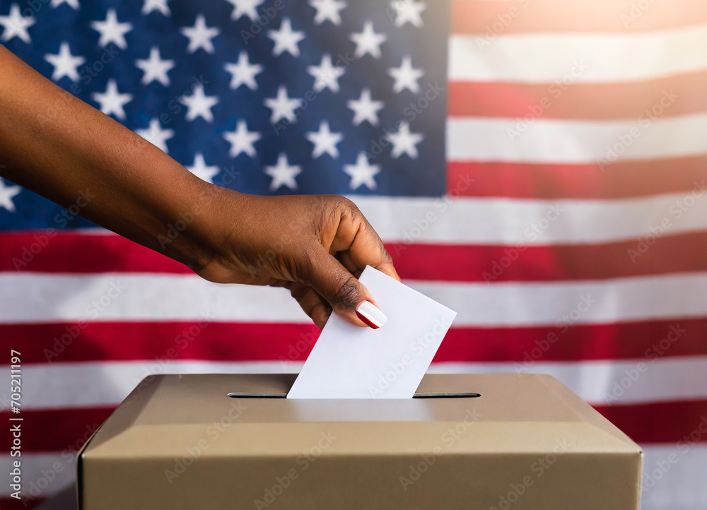 American Presidential election concept of woman hand voting in a USA Ballot Box