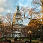 A straight-on view of the Maryland state capitol in Annapolis, Maryland, at Christmas time.