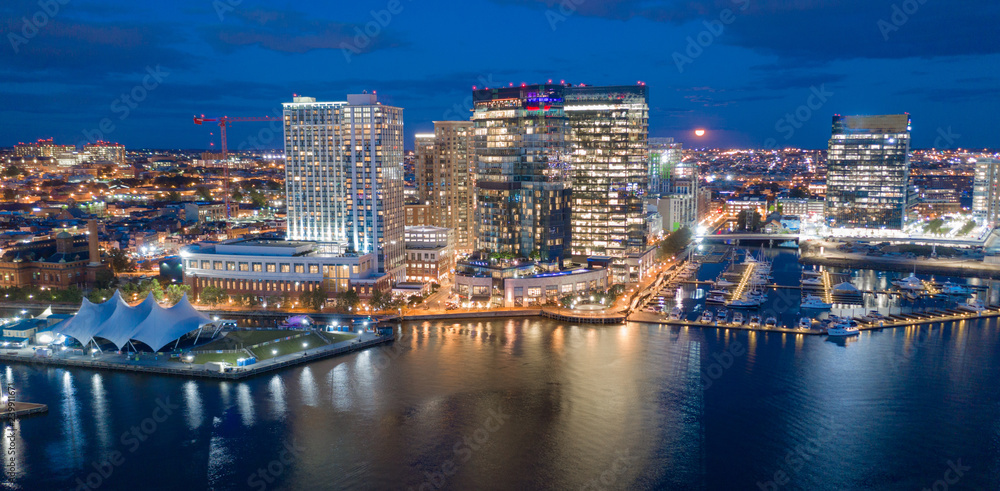 Aerial View Over Baltimore Downtown City Skyline Inner Harbor