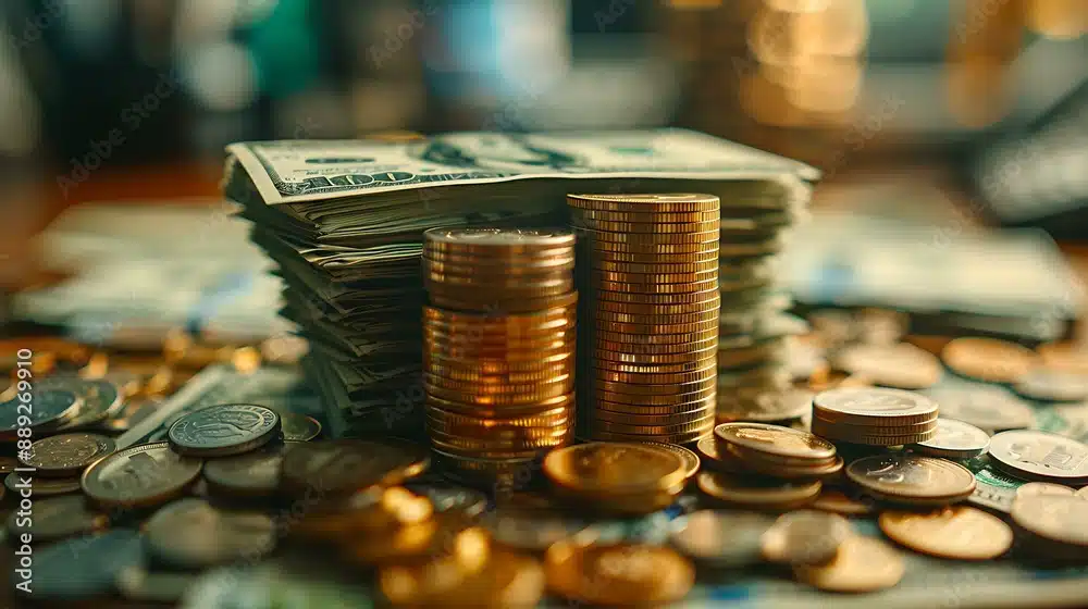 Stacks of hundred-dollar bills and scattered coins fill the frame, depicting a collection of wealth and financial assets in a spacious setting